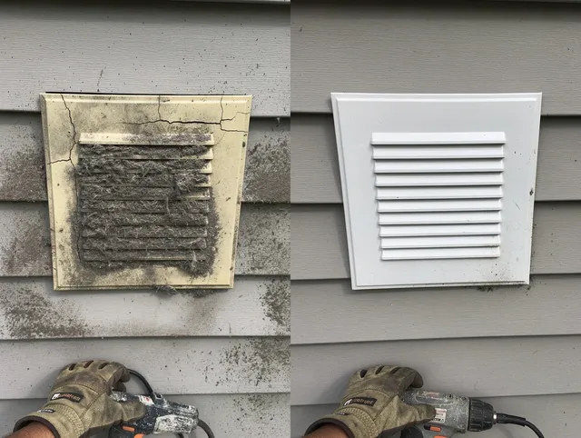 Smithfield Dryer Vent Cleaning technician installing high-quality dryer vent cover at a residential property in Smithfield